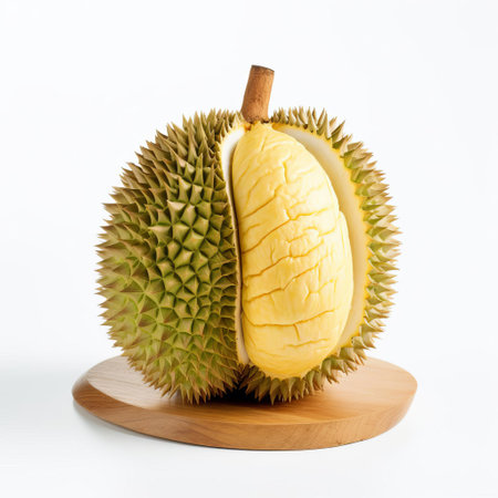 the handmade wood durian, meticulously crafted to perfection, sits proudly on a pristine white background, showcasing its intricate details and natural beauty, highlighting the artisan's skill in woodworking and attention to detail, perfect for home decor or as a unique gift. ai generatedの素材