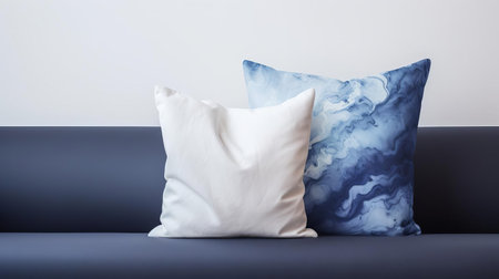 the indigo pillow sits majestically against a dramatic stormy background, showcasing a stylish and cozy home decor accessory, perfect for adding a touch of sophistication to any living room, bedroom, or office space, while the indigo blank mockups provide a beautiful contrast to the turbulent clouds. ai generatedの素材