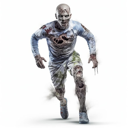 a 3d zombie, dressed in a tattered running uniform, is seen sprinting in a frantic motion, its undead eyes fixed on some unseen terror, set against a pristine white background, evoking a sense of eerie contrast between the horror of the zombie apocalypse and the cleanliness of the studio setting. ai generatedの素材