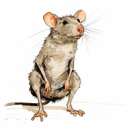 the rat, showcased in a stunning blind contour illustration, takes center stage on a pristine white isolated background, highlighting its slender full body, whiskers, and twitching nose, perfect for biology, anatomy, and wildlife enthusiasts, as well as graphic designers seeking rodent-inspired art. ai generatedの素材