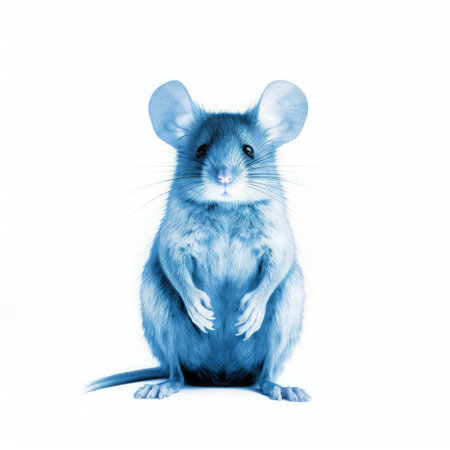 the cyanotype mouse, with its delicate features and intricate details, is beautifully showcased against a pristine white isolated background, highlighting its unique characteristics and making it an ideal visual reference for scientific, educational, or creative projects related to biology, zoology, and wildlife photography. ai generatedの素材