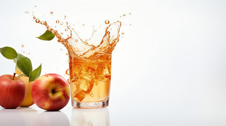 fresh apple juice, chilled to perfection, sits elegantly against a crisp white backdrop, evoking feelings of a refreshing summer picnic, complete with lush greenery and warm sunshine, perfect for hot days and outdoor gatherings, capturing the essence of a revitalizing drink for a seasonal celebration. ai generatedの素材