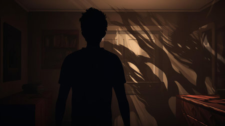 the ryan stands frozen in terror, surrounded by dark, twisted shadows that seem to writhe and twist like living darkness, as a monstrous entity looms before them, its form shifting and contorting in a nightmarish dance, evoking a sense of claustrophobic dread and isolation in this haunting, cinematic scene inspired by tim walker's dark, dreamlike aesthetic. ai generatedの素材
