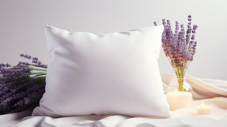 the lavender pillow, adorned with delicate lavender flowers, rests serenely against a frosty background, evoking a sense of calming tranquility and soothing relaxation, perfect for home decor, interior design, and cozy bedroom inspirations, featuring soft pastel hues and gentle textures. ai generatedの素材
