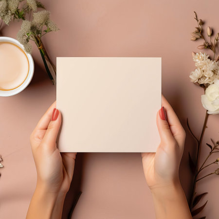 a beautiful woman's hand cradles a pristine, empty tea mockup with a blank white label, set against a simple, earthy taupe background, providing a stunning, high-detailed, ready-made visual for branding, packaging, and advertising projects focused on tea, beverages, and healthy living. ai generatedの素材