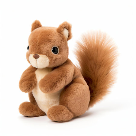 this adorable plush squirrel stuffed animal, with its soft and cuddly texture, is showcased in a stunning close-up photograph, set against a pristine white background, highlighting its intricate details, vibrant colors, and playful demeanor, making it an irresistible and heartwarming image perfect for toy collectors, animal lovers, and anyone seeking a symbol of childhood nostalgia and warmth. ai generatedの素材