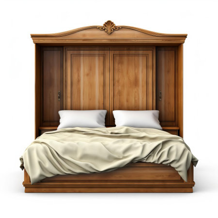 the cabinet bed, isolated on a pristine white background, showcases its sleek design and compact functionality in this high-resolution, high-quality image, perfect for interior designers, furniture enthusiasts, and homeowners seeking space-saving solutions for small bedrooms and apartments. ai generatedの素材