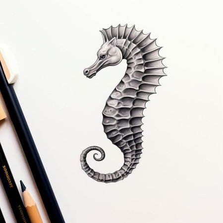 this seahorse head silhouette, elegantly crafted with a single stroke of a pencil, showcases the intricate details of the marine animal's features, highlighting its unique horse-like head and curled tail, perfect for ocean-inspired art, marine life enthusiasts, and fans of minimalist illustrations. ai generatedの素材
