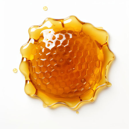 honey, a sweet and viscous fluid, is showcased in this high-quality png image, captured in a stunning close-up shot from a top view, set against a pristine white background, highlighting its golden color and intricate texture, perfect for food, nature, and culinary designs. ai generatedの素材
