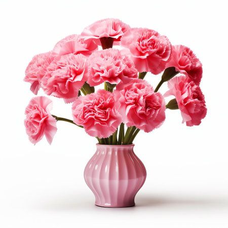 "carnations, symbolizing love and fascination, are beautifully arranged to create a stunning 3d effect, popping out against a crisp white isolated background, perfect for floral enthusiasts, event planners, and photographers seeking elegant and romantic centerpieces or decorative elements for weddings, anniversaries, and special occasions.", ai generatedの素材