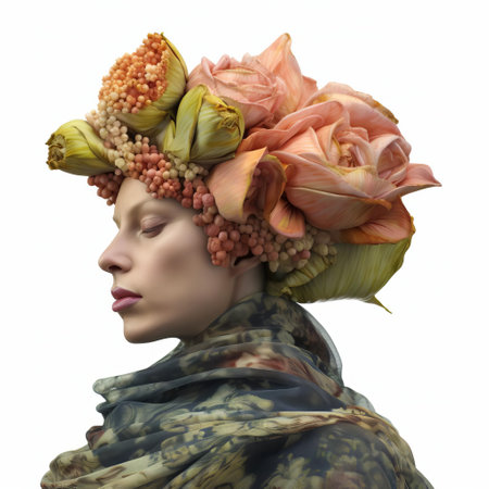 the 3d female figure, reminiscent of patricia piccinini's emotive style and giuseppe arcimboldo's surrealism, stands out against a pristine white isolated background, showcasing intricate details and expressive facial animation, perfect for art, design, and creative projects requiring a unique, full-body, human-like character. ai generatedの素材