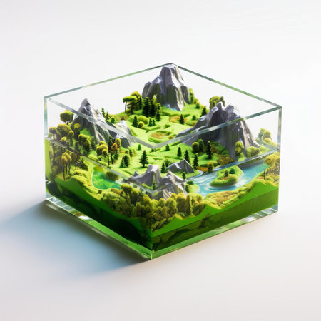 the 3d isometric square model, crafted from shiny plastic, showcases a miniature highlands landscape, complete with rolling hills and valleys, set against a pristine white background, evoking a sense of serenity and tranquility, perfect for design and architecture visualizations, 3d modeling, and landscape design inspiration. ai generatedの素材