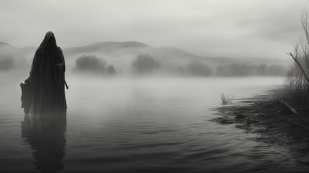 the lake, shrouded in an eerie mist, lies ominously beneath the dark shadow of the black death, its still waters reflecting the haunting silhouette of a grim reaper looming in the background, evoking a sense of foreboding and mortality in this haunting, black-and-white, vintage-style landscape photograph. ai generatedの素材