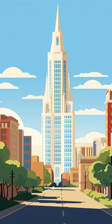 tulsa, oklahoma's vibrant city, shines bright on a sunny day, showcasing its iconic landmarks, including the philbrook museum of art and the golden driller, in a stunning minimalistic vector art illustration, perfect for travel enthusiasts and design lovers alike, capturing the essence of this midwestern gem. ai generatedの素材