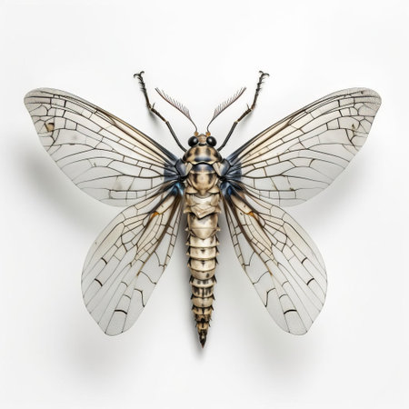 the dobsonfly, a fascinating insect with its striking 3d appearance, is showcased in this high-quality image, featuring its full body on a crisp white isolated background, highlighting its intricate details and vibrant colors, perfect for entomology enthusiasts and nature lovers alike. ai generatedの素材
