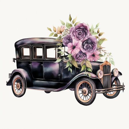 the hearse, adorned with intricate floral patterns and delicate lace, is beautifully illustrated in a soft, dreamy watercolor style against a crisp white background, evoking a sense of vintage elegance and sophistication, perfect for wedding stationery, funeral programs, or gothic-inspired designs. ai generatedの素材