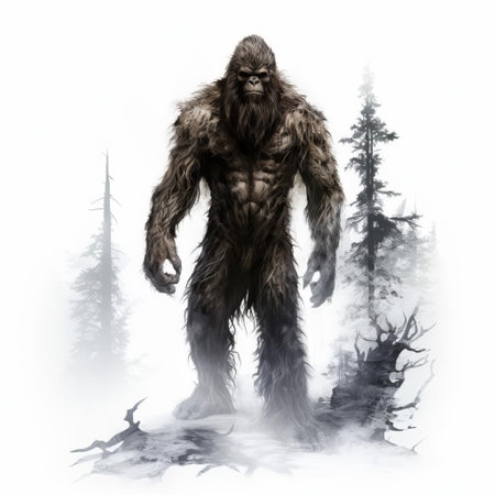 the sasquatch, a mythical creature also known as bigfoot, stands proudly in a full-body pose on a clean white isolated background, showcasing its towering height and imposing physique, surrounded by a subtle shadow, perfect for editing and manipulation in graphic design projects. ai generatedの素材