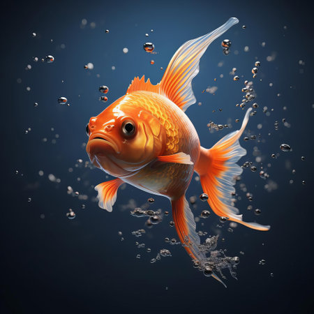 the goldfish, with its vibrant orange scales and flowing fins, swims elegantly in the crystal-clear water, showcasing exceptional 3d rendering skills, perfect for aquarium enthusiasts, fish lovers, and designers seeking realistic aquatic clipart for their projects, websites, and social media platforms. ai generatedの素材