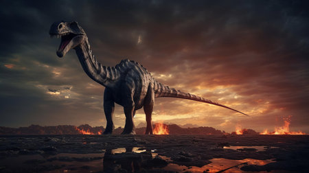 the argentinosaurus, a massive sauropod dinosaur, is depicted in a stunning illustration, boasting an extraordinary feature - a scorpion-inspired tail, blending prehistoric grandeur with arachnid menace, showcasing a fantastical fusion of ancient creatures, perfect for fans of paleoart and sci-fi enthusiasts alike. ai generatedの素材