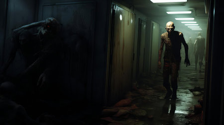 a zombie, looking sick and suspicious, slowly makes its way through a dark and eerie corridor, its undead eyes fixed on some unknown terror lurking in the shadows, evoking a sense of foreboding and dread in this haunting horror scene. ai generatedの素材