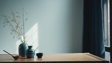 a serene door rests on a rustic hemp table, nestled beside a window, evoking a sense of minimalist japanese elegance, with a subtle blend of black and aqua hues, creating a whimsical ambiance that exudes simplicity and subtlety, captured in exquisite detail by an interior design photographer using a canon eos r5, resulting in a cinemotographic, 32k uhd image with a film grain texture thatの素材