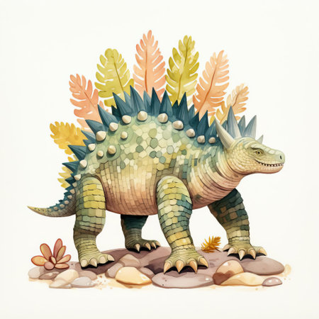 the stegosaurus, a majestic prehistoric creature, is showcased in this isolated print stamp, featuring a full-body illustration on a crisp white background, perfect for educational materials, scientific publications, or dinosaur enthusiasts, highlighting the iconic plated dinosaur's unique features. ai generatedの素材