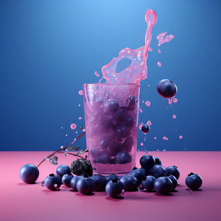 the blueberry juice, freshly squeezed and overflowing with antioxidants, is beautifully showcased against a vibrant one-color light background in this stunning 3d render, perfect for food bloggers, health enthusiasts, and designers seeking high-quality visual content related to healthy beverages, fruit juices, and nutrition. ai generatedの素材