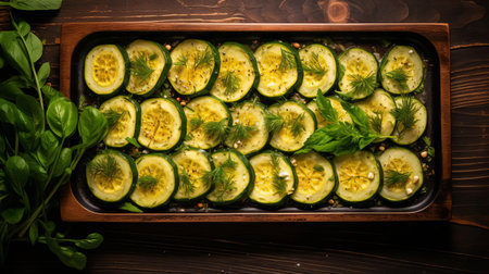 zucchini slices, arranged artfully on a rustic wooden tray, showcase their vibrant green color and delicate texture, perfect for adding a nutritious crunch to salads, sandwiches, or as a healthy snack, ideal for vegetarian and vegan recipes, and summer cooking inspiration. ai generatedの素材