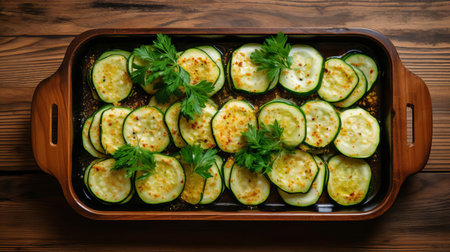 zucchini slices, arranged artfully on a rustic wooden tray, showcase their vibrant green color and delicate texture, perfect for adding a nutritious crunch to salads, sandwiches, or as a healthy snack, ideal for vegan and vegetarian recipes, and summer cooking inspiration. ai generatedの素材
