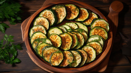 zucchini slices, arranged artfully on a rustic wooden tray, showcase their vibrant green color and delicate texture, perfect for adding a nutritious crunch to salads, sandwiches, or as a healthy snack, ideal for vegan and vegetarian recipes, summer cooking, and farm-to-table cuisine. ai generatedの素材