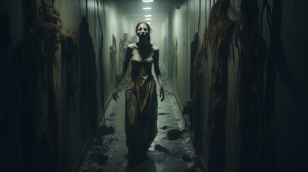 a zombie, looking sick and suspicious, slowly makes its way through a dark and eerie corridor, its undead eyes fixed on some unknown terror lurking in the shadows, surrounded by an atmosphere of fear and foreboding, perfect for a horror movie or haunted house scene. ai generatedの素材