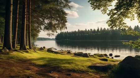 the serene countryside landscape features a tranquil lake nestled between towering pine trees, reflecting the majestic beauty of nature, evoking feelings of peace and relaxation, perfect for outdoor enthusiasts and nature lovers seeking a calming escape from the hustle and bustle of city life. ai generatedの素材