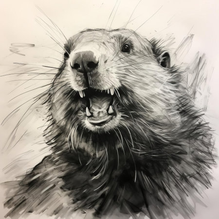 this whimsical beaver portrait, crafted with expressive charcoal strokes, showcases a happy beaver's endearing smile and twinkling eyes, capturing the essence of wildlife art, while highlighting the artist's skill in quick sketching and charcoal drawing techniques, perfect for nature lovers and art enthusiasts alike. ai generatedの素材
