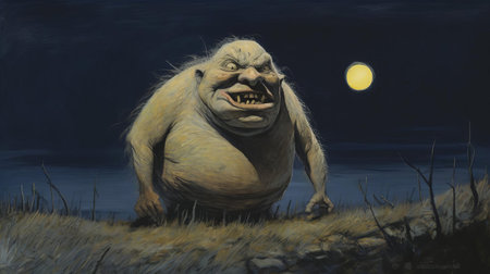 the ogre, bathed in an eerie moonlight, stands amidst a mystical forest, its haunting gaze evoking a sense of mystique, reminiscent of hugo simberg's symbolic and dreamlike art style, blending elements of fantasy, mythology, and the supernatural, in a captivating and unsettling scene. ai generatedの素材