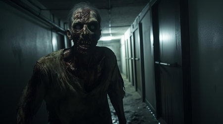 a zombie, looking sick and suspicious, slowly makes its way through a dark and eerie corridor, its undead eyes fixed on some unknown terror lurking in the shadows, surrounded by an atmosphere of foreboding and dread, perfect for a horror movie scene. ai generatedの素材