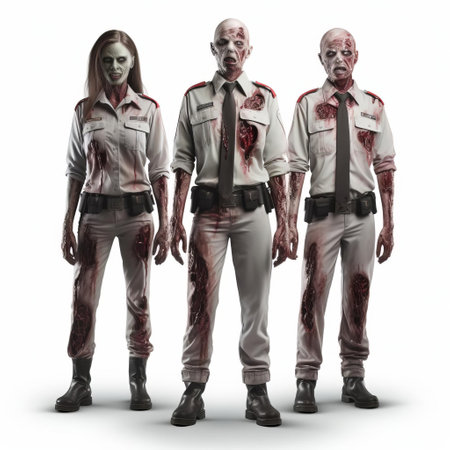 the 3d zombie team uniform, posed in a full-body stance, stands out against a crisp white background, showcasing the intricate details of the undead athlete's attire, perfect for horror-themed designs, video games, and fantasy art, evoking a sense of spooky sportsmanship and post-apocalyptic competition. ai generatedの素材