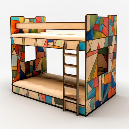 the bunk bed, a staple of childhood sleepovers and cozy bedrooms, is reimagined in a futuristic light through algorithmic art, its sleek lines and modern design popping against an isolated white background, evoking a sense of innovation and cutting-edge style in home decor and furniture design. ai generatedの素材