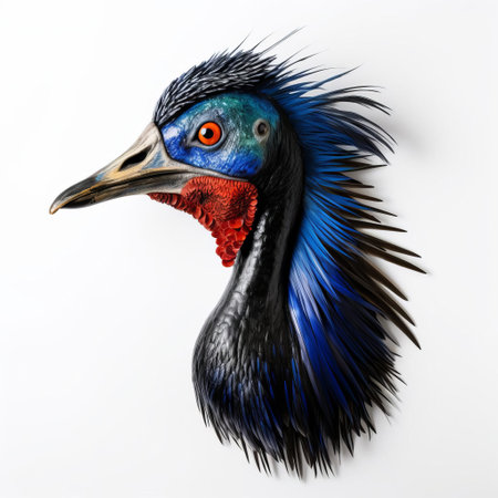 the cassowary, a large and exotic bird species, is beautifully crafted from wood in this handmade figurine, showcased against a pristine white background, highlighting its intricate details and vibrant natural colors, perfect for wildlife enthusiasts and collectors of unique wooden decorative pieces. ai generatedの素材