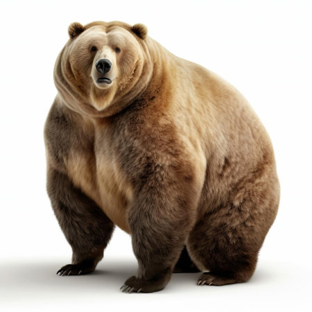 the 3d fat bear, rendered in stunning detail, stands proudly on a pristine white isolated background, showcasing its rotund physique, accentuating its playful and endearing personality, perfect for designs requiring a lovable and humorous mascot, ideal for children's products, advertising, and entertainment industries. ai generatedの素材