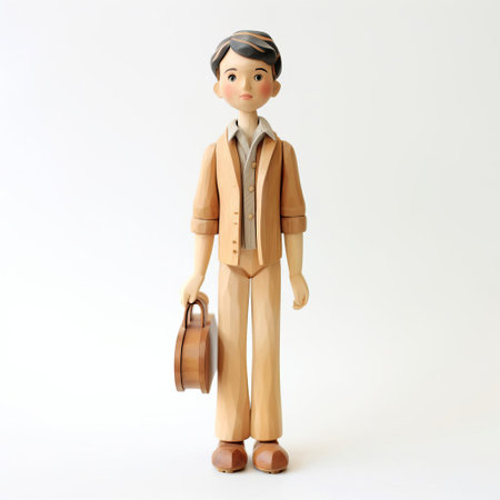the wooden boy figurine, meticulously handcrafted with precision, stands proudly on a pristine white background, showcasing intricate details and textures, highlighting the artisan's skill in woodworking, perfect for decorative purposes or as a unique gift for woodworking enthusiasts and collectors of handmade wooden sculptures. ai generatedの素材