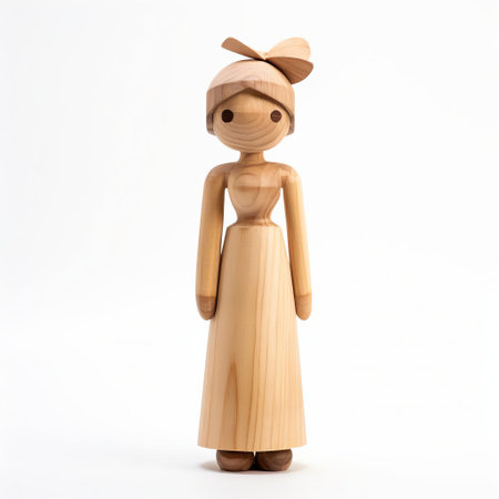 the wooden figurine of a little girl, crafted with precision and care, stands elegantly on a pristine white background, showcasing the artisan's skill in woodworking, highlighting the beauty of handmade wooden sculptures, wooden dolls, and wooden figurines, perfect for home decor or as a unique gift. ai generatedの素材