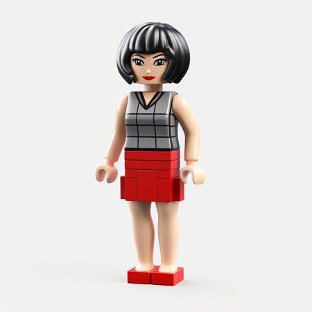 tara strikes a playful pose, showcasing her full body in a vibrant 3d lego design. the lego figure boasts a glossy plastic texture, with a sticker proudly displaying her name. her short, sleek hair and the stark white background complete this charming tableau. ai generatedの素材
