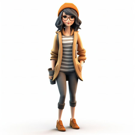 the cartoon woman stands confidently against a crisp white background, wearing a stylish cardigan that adds a touch of sophistication to her playful 3d animated persona, showcasing her vibrant personality and trendy fashion sense. ai generatedの素材