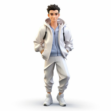 the cartoon man, wearing a trendy windbreaker, stands confidently against a crisp white background, showcasing a stylish and casual outfit, perfect for 3d animation, graphic design, and digital art projects focused on fashion, lifestyle, and modern culture. ai generatedの素材