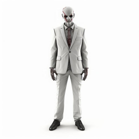 a 3d zombie in a suit stands isolated on a white background, showcasing its full body in a terrifying yet fascinating pose, perfect for horror-themed designs, halloween decorations, or spooky digital art, evoking a sense of eeriness and undead sophistication. ai generatedの素材