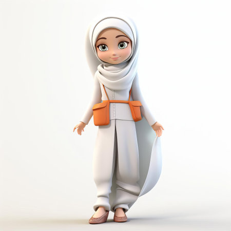 the 3d cartoon girl, dressed in a vibrant salwar kameez, stands confidently against a pristine white background, showcasing her colorful attire and playful demeanor, perfect for illustrations, animations, and digital designs requiring a lively and youthful indian-inspired character. ai generatedの素材