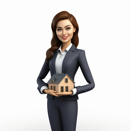 the 3d female real estate agent, dressed in professional attire, stands confidently on a white isolated background, showcasing her expertise in the property market, highlighting her role in buying, selling, and renting homes, apartments, and commercial spaces, emphasizing her knowledge of local listings and market trends. ai generatedの素材