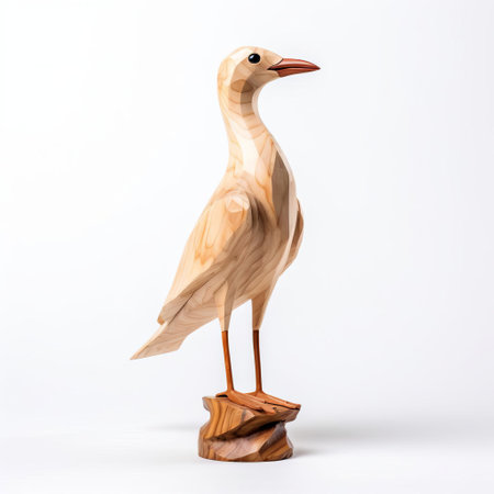 this handmade wood seagull, meticulously crafted with precision, stands proudly on a pristine white background, showcasing its full body in all its glory, evoking a sense of coastal charm and rustic elegance, perfect for nautical-themed home decor or as a unique gift for beach lovers and woodwork enthusiasts. ai generatedの素材