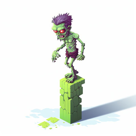 in this 3d pixel art image, a menacing zombie takes center stage, showcasing a full-body view of its decaying form. the zombie is depicted in an 8-bit cartoon style, reminiscent of classic video games. with a pole vault in hand, the undead creature exudes a sense of eerie determination. set against a crisp white background, the focus remains solely on the detailed and humorous portrayalの素材