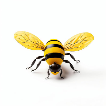 the flying bee, illustrated in a whimsical toy style, is suspended in mid-air against a pristine white isolated background, showcasing its vibrant yellow and black stripes, delicate wings, and busy demeanor, evoking a sense of playfulness and summer charm, perfect for designs requiring a touch of sweetness and innocence. ai generatedの素材